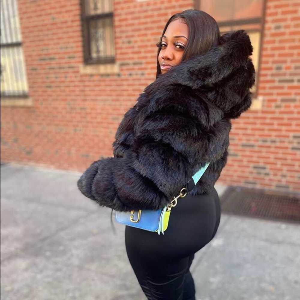 Black, white, navy crop hooded faux fur coat